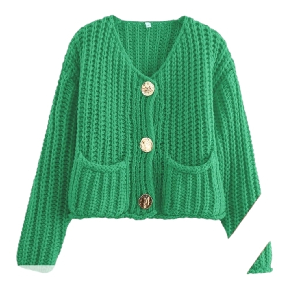 Green Chunky Knit Cardigan Sweater